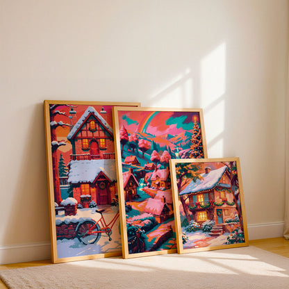 Three SweetPixelCreations Christmas cottage prints propped on a wood ledge against sage wainscoting — three distinct winter house compositions united by a bold warm palette of orange, coral, teal, and magenta with glowing amber window light