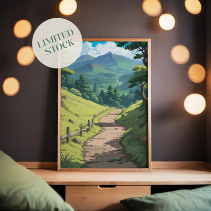 Peaceful nature landscape featuring a winding dirt path through bright green hills, lined with a rustic wooden fence. Tall trees frame the scene, leading the eye toward distant blue mountains, rolling forests, and a river glistening under a sky filled with fluffy white clouds.