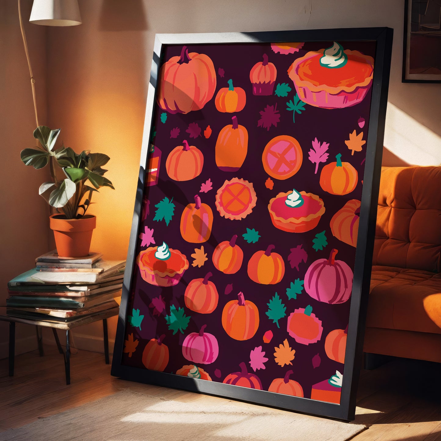 Dopamine-style dark background fall print with repeating pumpkin and pie illustrations in warm orange and hot pink, teal leaf accents, and teal-topped cream puffs across a rich plum ground