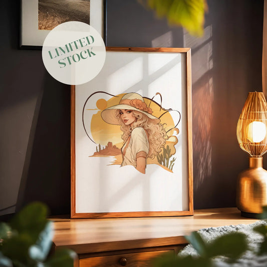 Boho-style digital wall art of a woman with flowing blonde hair wearing a wide-brimmed hat adorned with a flower, set against a warm desert sunset with cacti and mesas