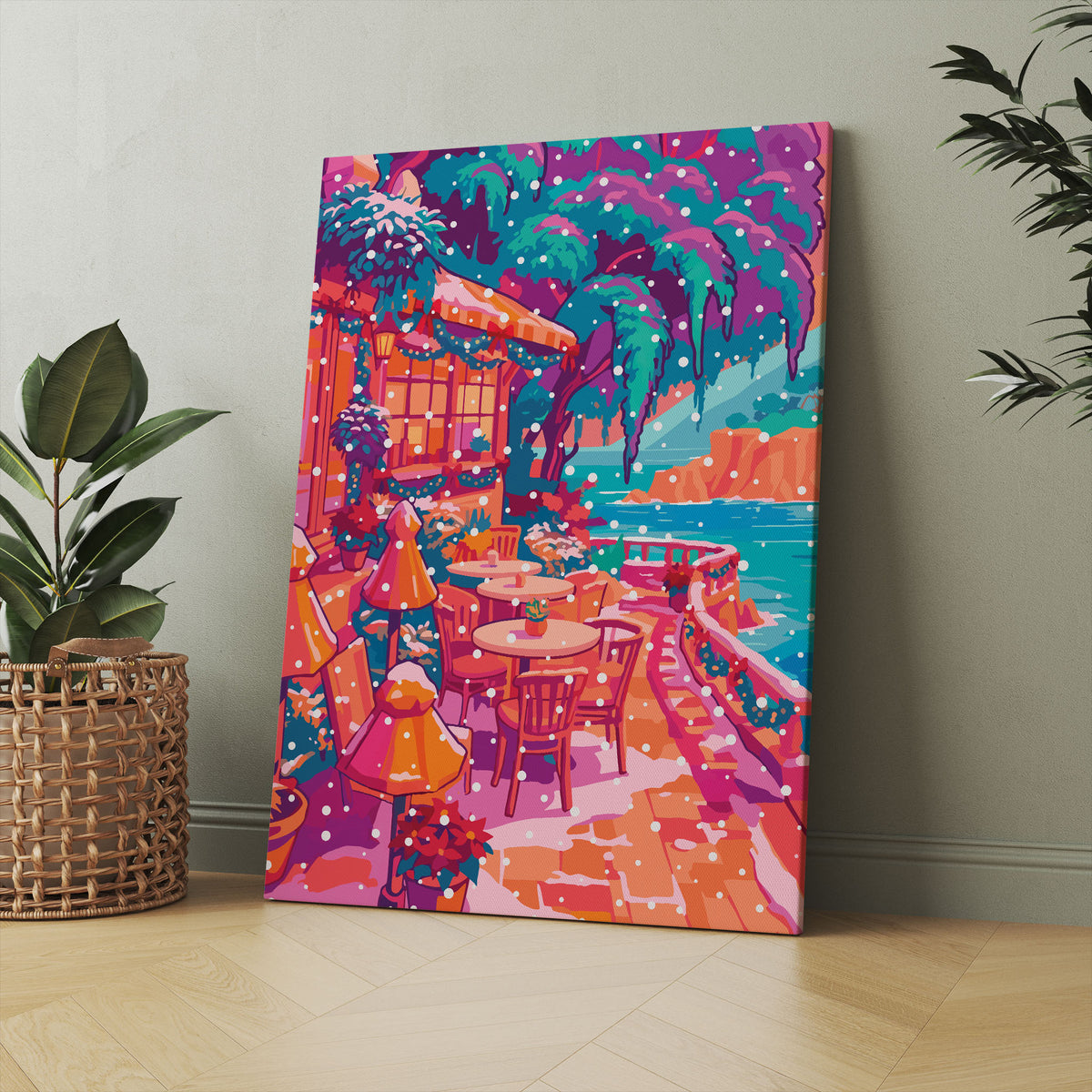 Illustrated print of a snow-dusted café terrace with striped umbrellas and round tables overlooking a blue coastline and coral cliffs.