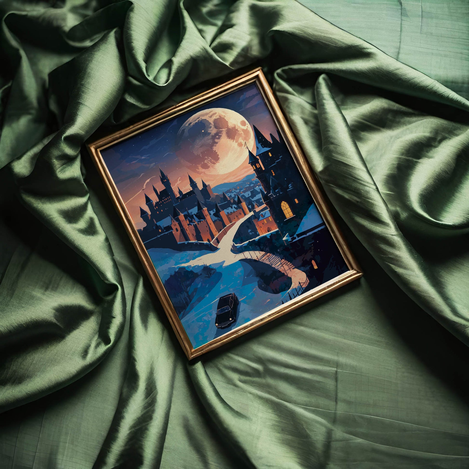 Magical night scene featuring a grand castle illuminated under a massive glowing full moon. A winding road and bridge lead to the castle gates as a car approaches through the snowy landscape, creating a mysterious and enchanting fantasy atmosphere.