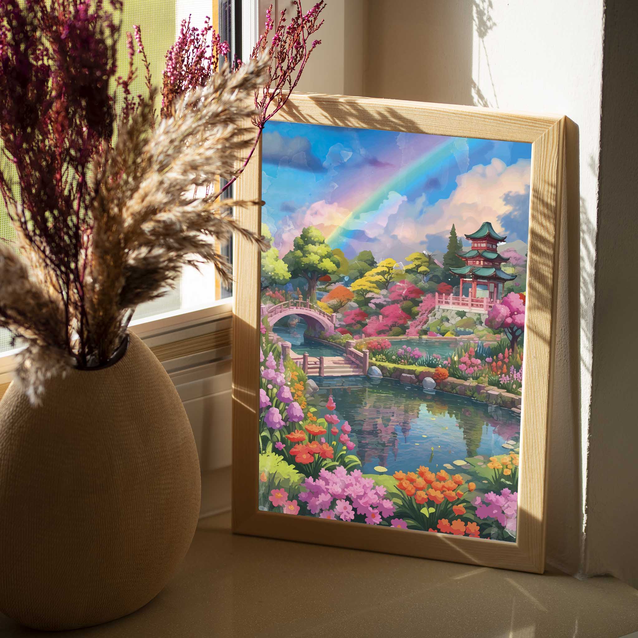 Vibrant printable wall art of a serene Japanese garden featuring a colorful rainbow, traditional pagoda, arched wooden bridges, and lush blooming flowers around a peaceful koi pond, perfect for zen, nature-inspired, or Asian-themed home decor.