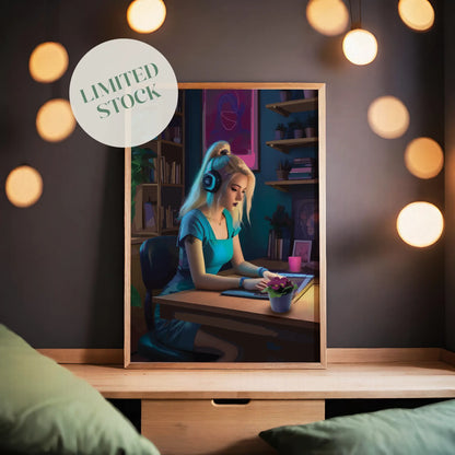 Digital illustration of a blonde gamer girl in a teal dress and headset, focused on her tablet in a cozy, neon-lit room, modern wall art perfect for gaming setups and creative workspaces