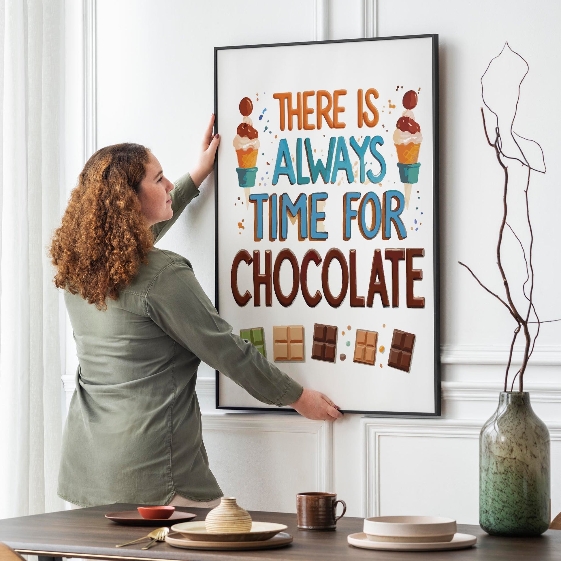 Whimsical printable wall art with the phrase 'There is always time for chocolate', featuring colorful illustrations of ice cream cones and assorted chocolate bars, perfect for dessert lovers and sweet kitchen decor