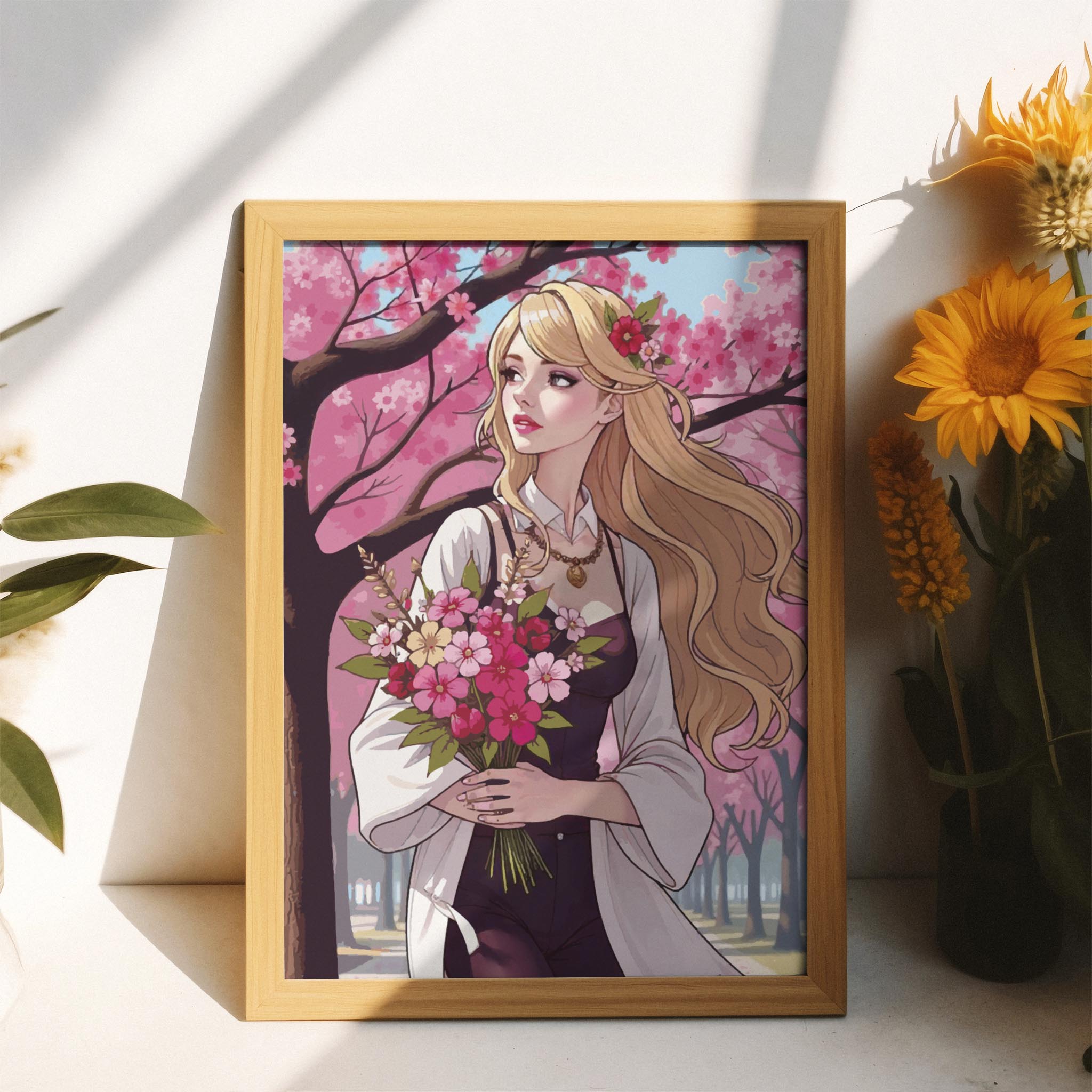 Printable wall art of a graceful woman with long blonde hair holding a bouquet of vibrant pink flowers, standing under blooming cherry blossom trees on a sunny day, perfect for romantic and nature-inspired home decor