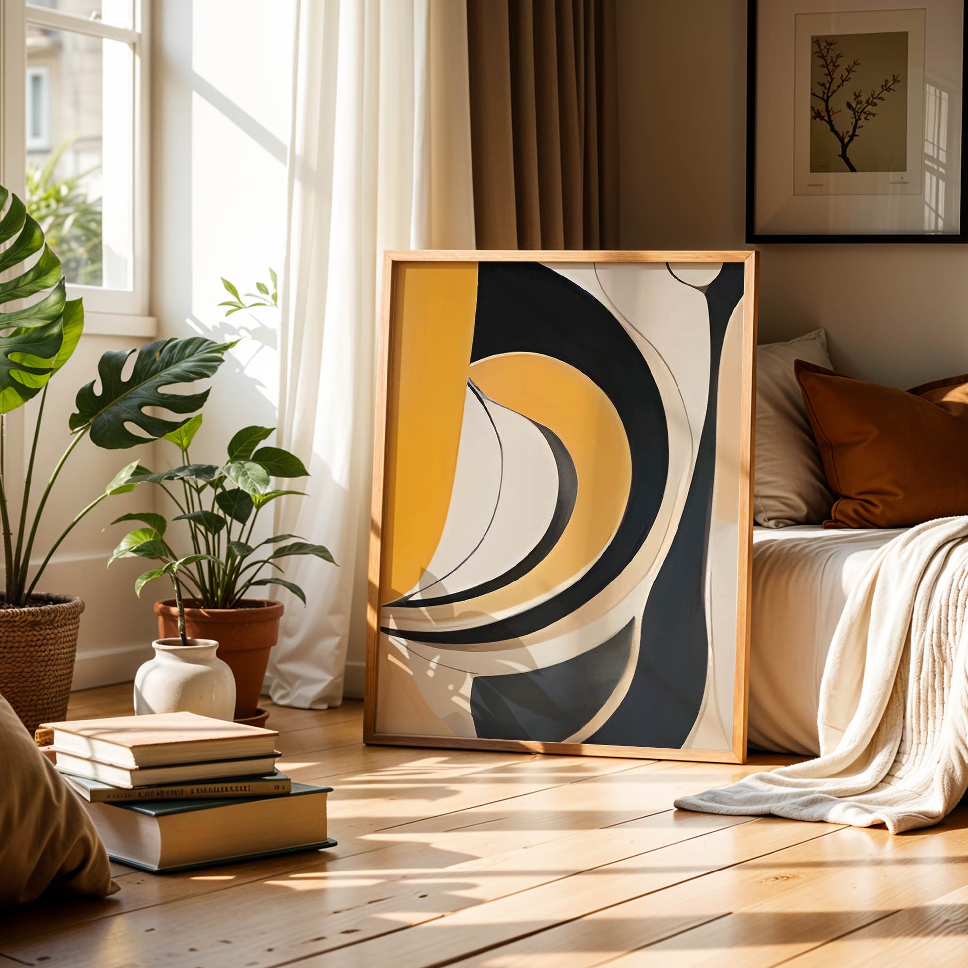 Abstract geometric wall art featuring bold curved shapes in mustard yellow, charcoal grey, beige, and off-white tones. The flowing lines and layered arcs create a modern, mid-century inspired composition with a sense of movement and balance.