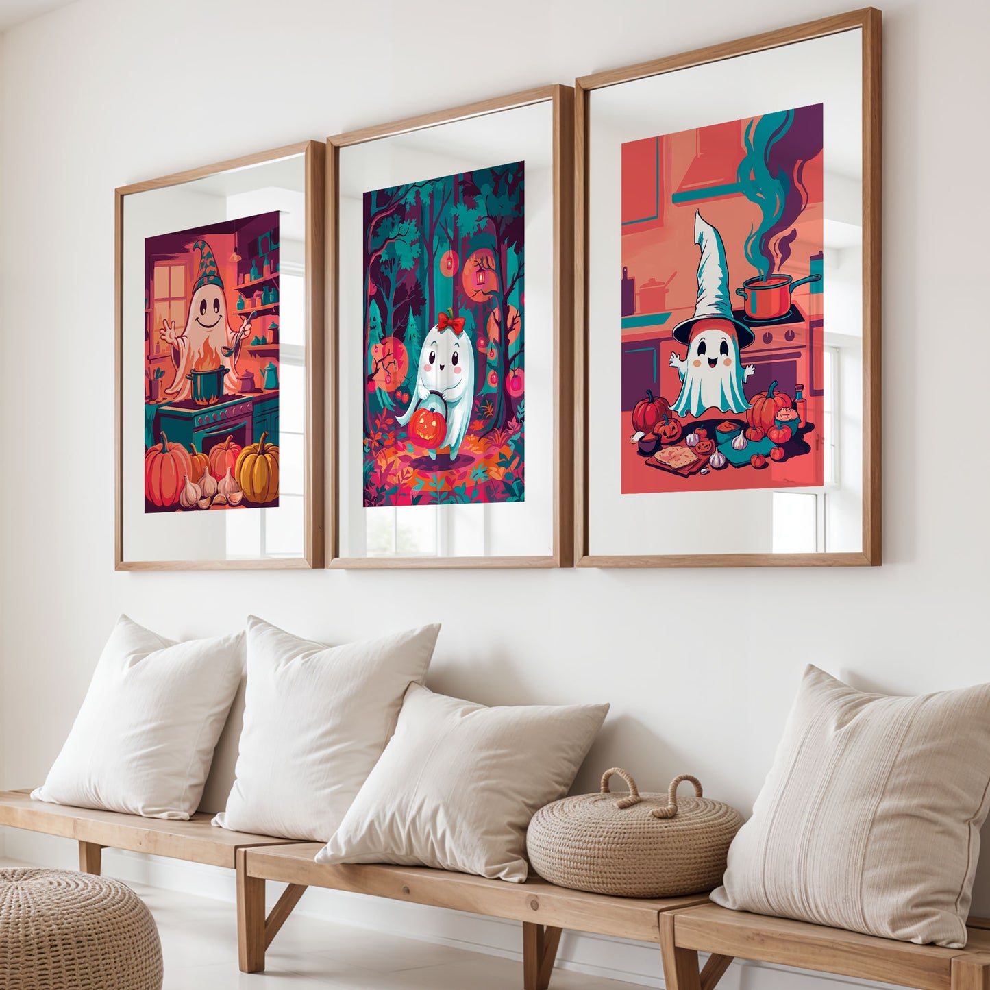 Halloween ghost wall art prints on a wood shelf against sage green panelling - a ghost chef at a teal stove, a bow-ribbon ghost in an enchanted teal forest, and a witch hat ghost cooking in a coral kitchen, all in bold orange, teal, and pink