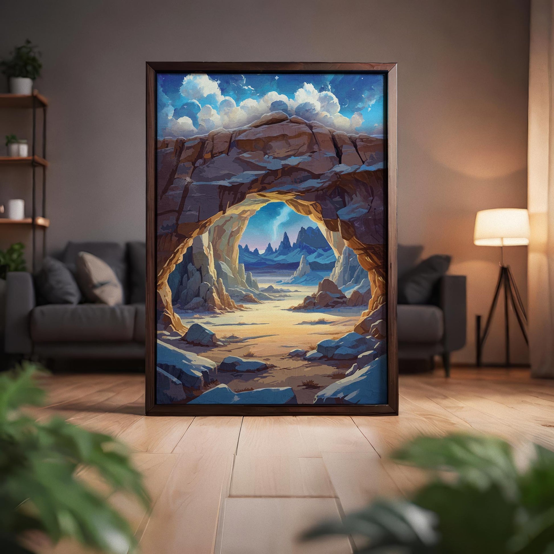 Digital painting of a scenic desert canyon with a natural rock arch framing distant mountains under a dreamy sky, printable wall art perfect for nature and landscape lovers