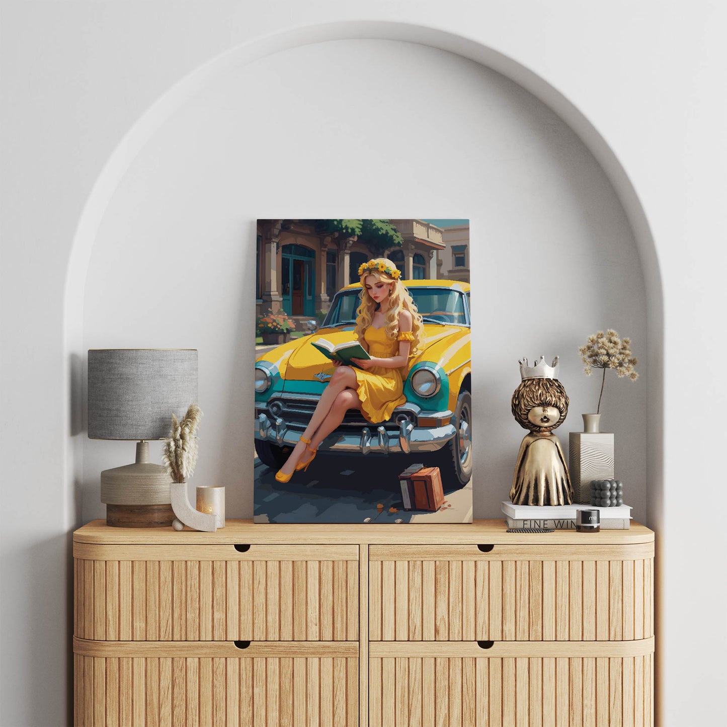 Romantic retro girl in yellow dress sitting on old car reading book, aesthetic printable wall decor digital download