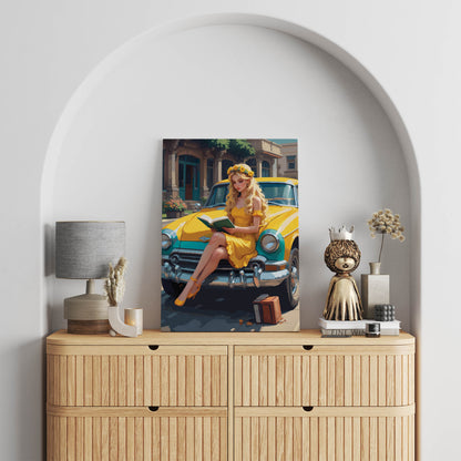 Romantic retro girl in yellow dress sitting on old car reading book, aesthetic printable wall decor digital download