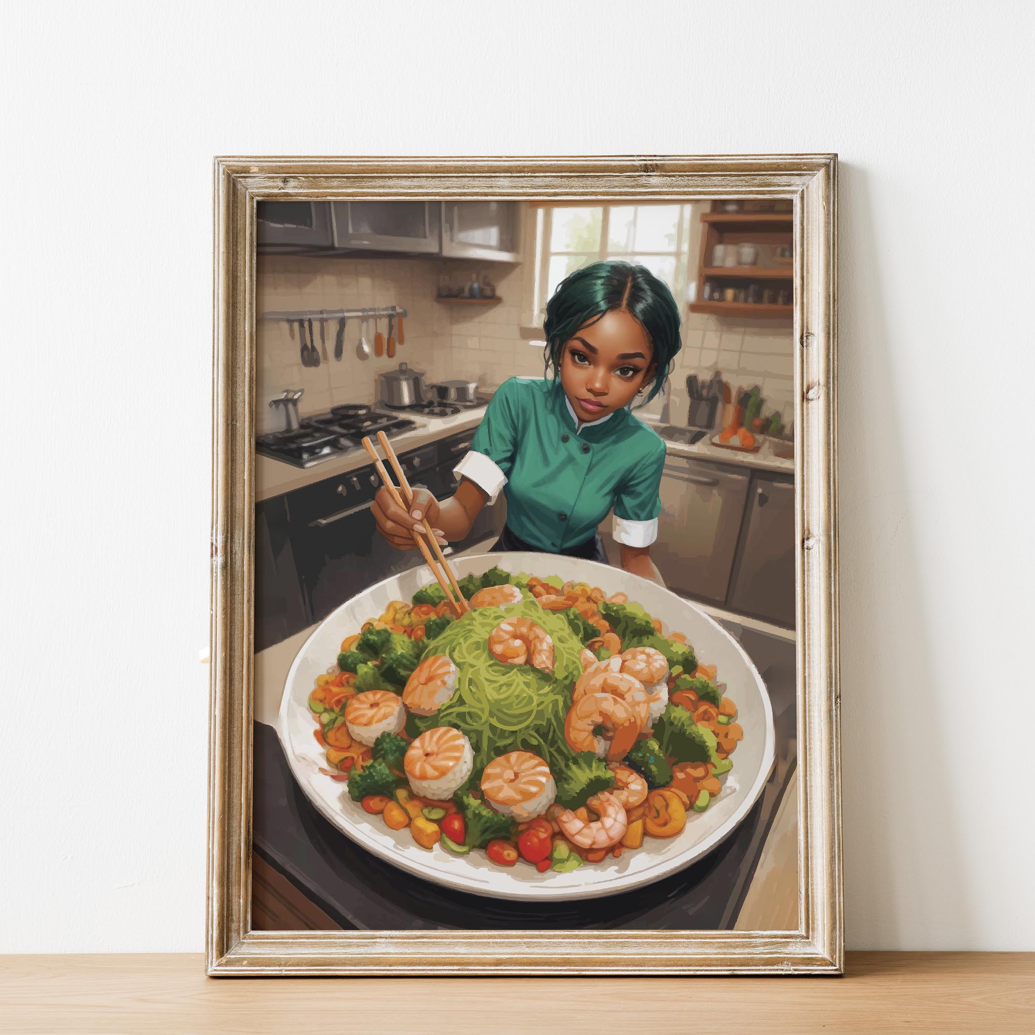 Illustrated scene of a young chef in a green uniform preparing a colourful dish in a bright kitchen. She uses chopsticks to arrange a large platter filled with green noodles, shrimp, broccoli, and vibrant vegetables, creating a fresh and artistic food presentation.