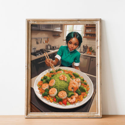 Illustrated scene of a young chef in a green uniform preparing a colourful dish in a bright kitchen. She uses chopsticks to arrange a large platter filled with green noodles, shrimp, broccoli, and vibrant vegetables, creating a fresh and artistic food presentation.