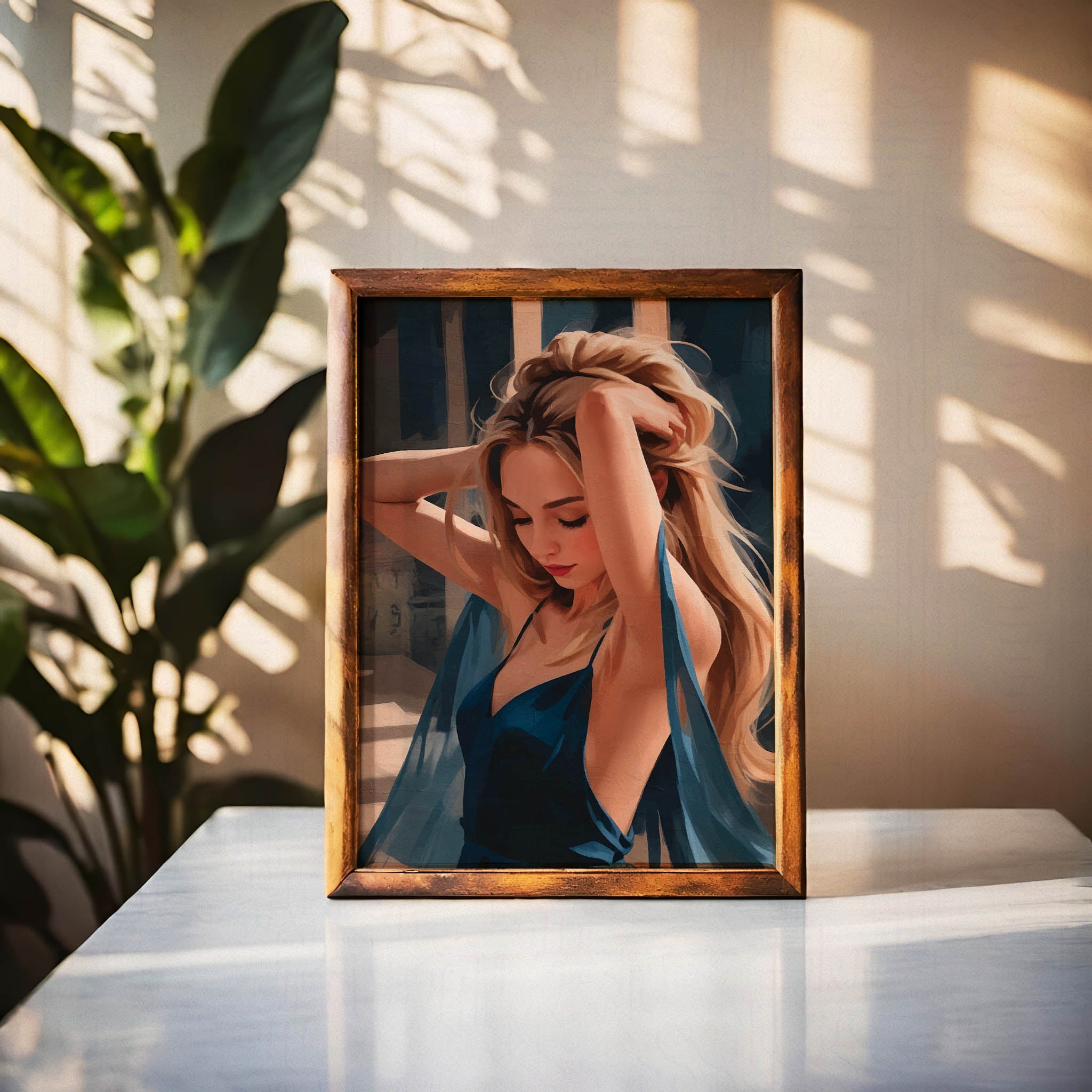 Elegant digital painting of a blonde woman in a flowing deep blue dress with hands in her hair, captured in warm sunlight, high-resolution printable wall art