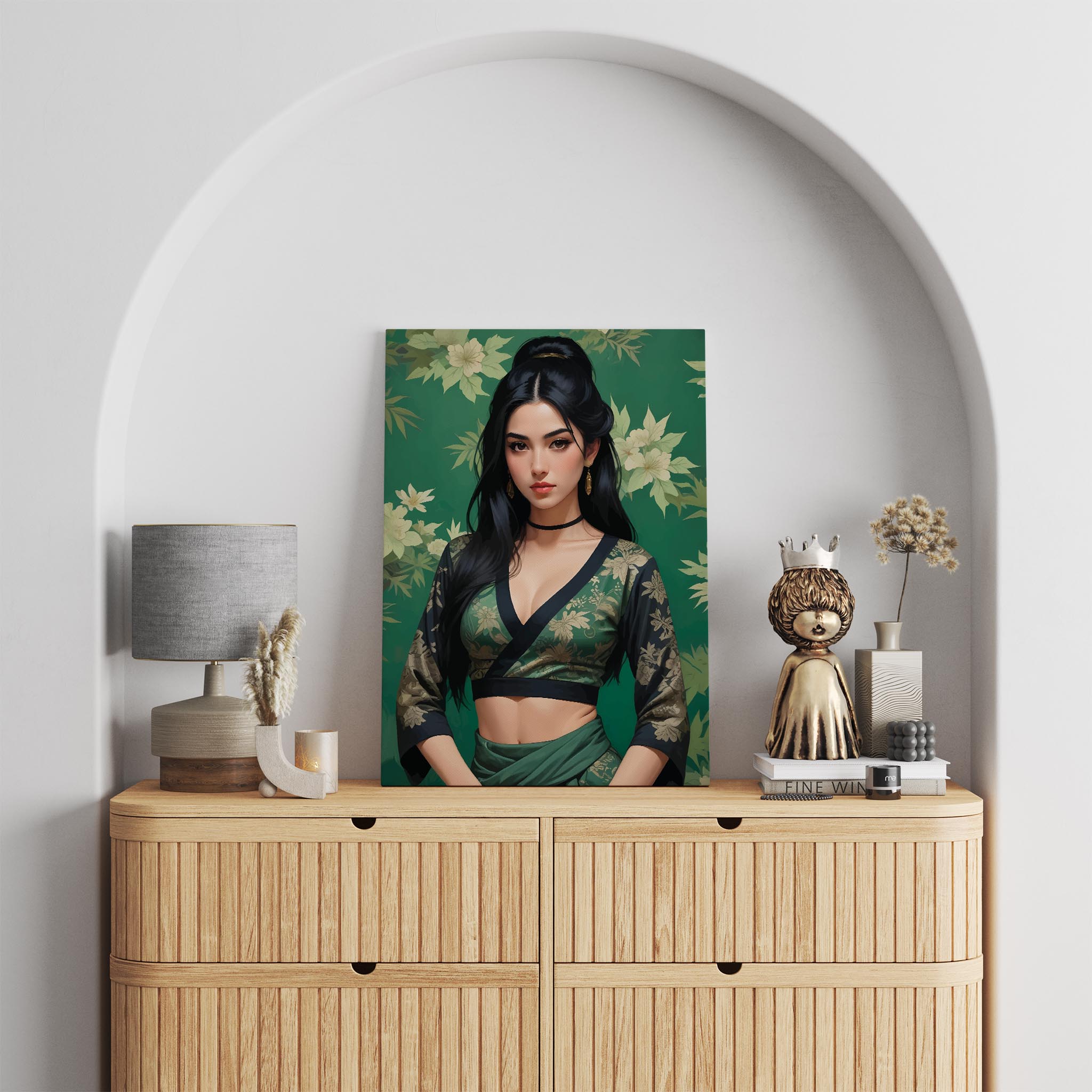 Elegant digital portrait of a woman with long black hair wearing a green floral traditional outfit against a matching botanical background, printable wall art for stylish interiors