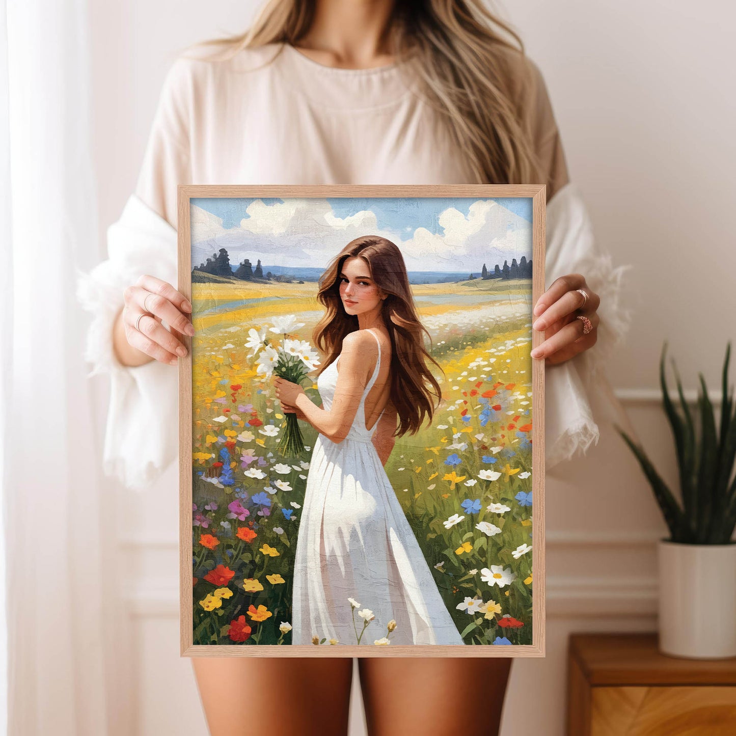 Romantic illustration of a young woman in a flowing white dress standing in a vibrant wildflower meadow. She holds a bouquet of white daisies as warm sunlight highlights her long, wavy hair. Colourful flowers surround her under a bright sky with soft clouds, creating a dreamy, serene summer atmosphere.