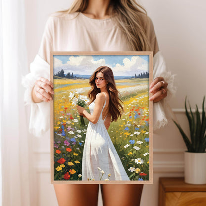 Romantic illustration of a young woman in a flowing white dress standing in a vibrant wildflower meadow. She holds a bouquet of white daisies as warm sunlight highlights her long, wavy hair. Colourful flowers surround her under a bright sky with soft clouds, creating a dreamy, serene summer atmosphere.