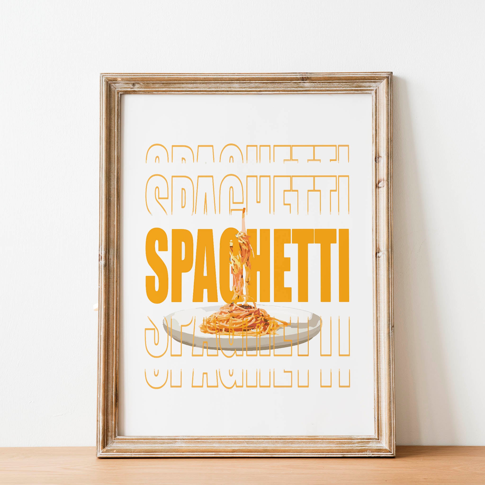 Modern printable wall art featuring a plate of spaghetti suspended mid-air, overlaid with bold, graphic text reading ‘SPAGHETTI’ in large orange typography, perfect for kitchen decor or food lovers
