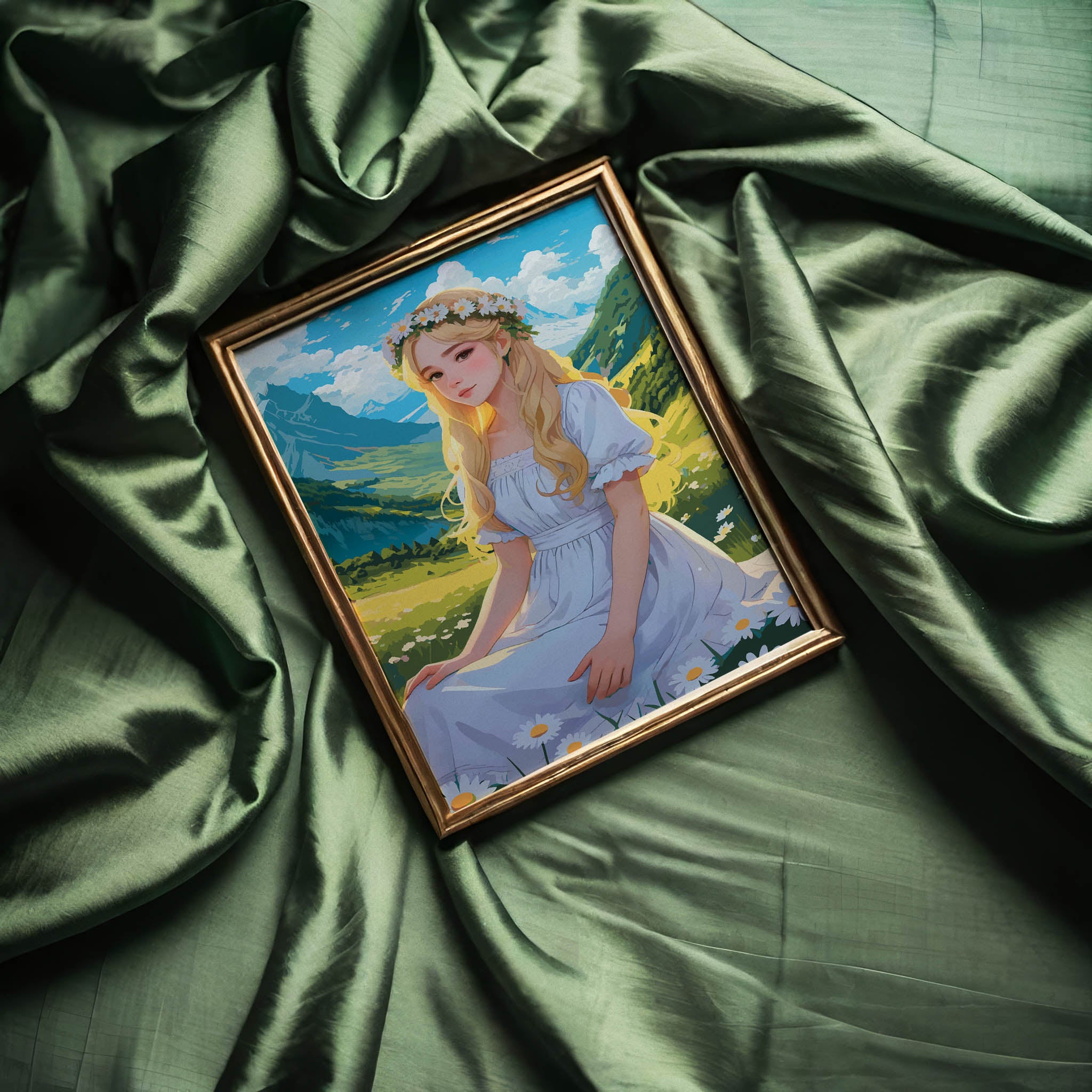 Enchanting digital artwork of a blonde girl in a white dress with a daisy flower crown, seated in a sunlit meadow surrounded by green mountains, fairytale-inspired printable wall art for nature and fantasy lovers