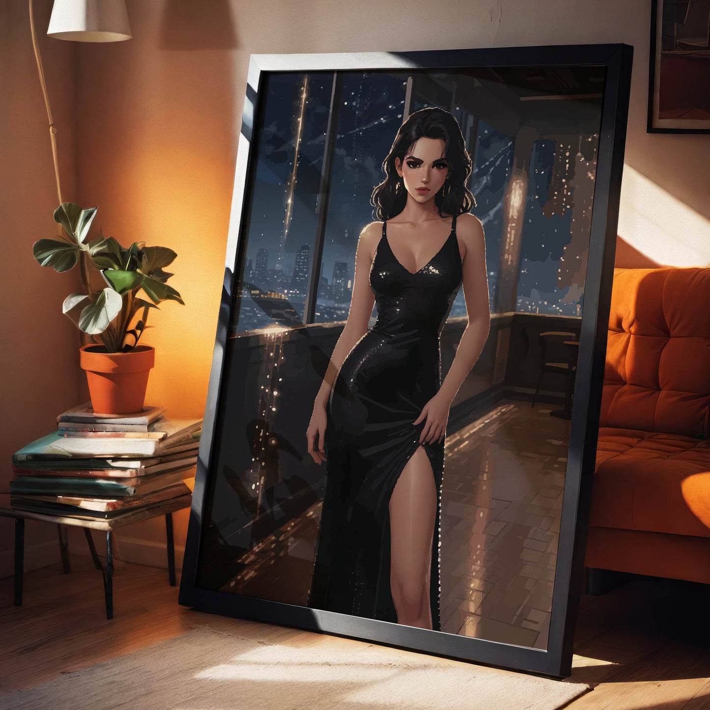 Moody feminine illustration featuring a woman in a sleek black gown against a dramatic city skyline at night