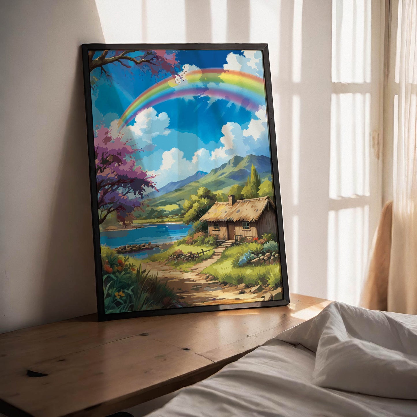 Whimsical countryside illustration featuring a cozy thatched cottage beside a peaceful lake, surrounded by rolling green hills, blooming trees, and a vibrant rainbow arching across a bright blue sky. Dreamy nature wall art with a fairytale, cottagecore aesthetic and soft, uplifting colors. Printable Wall Art. Digital Download.