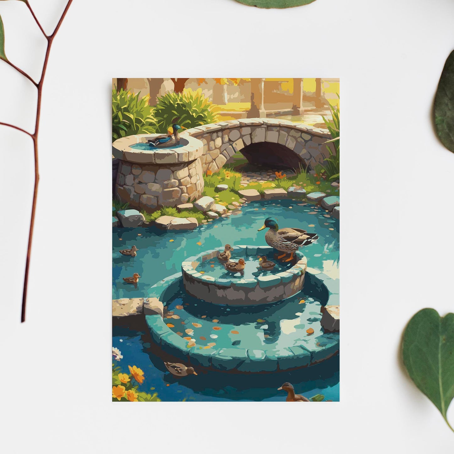 Charming illustrated garden scene featuring ducks and ducklings swimming in a turquoise pond with a tiered stone fountain and a small stone bridge in the background. Surrounded by lush greenery and warm sunlight, the artwork creates a peaceful, storybook countryside atmosphere. Printable Wall Art. Digital Download.