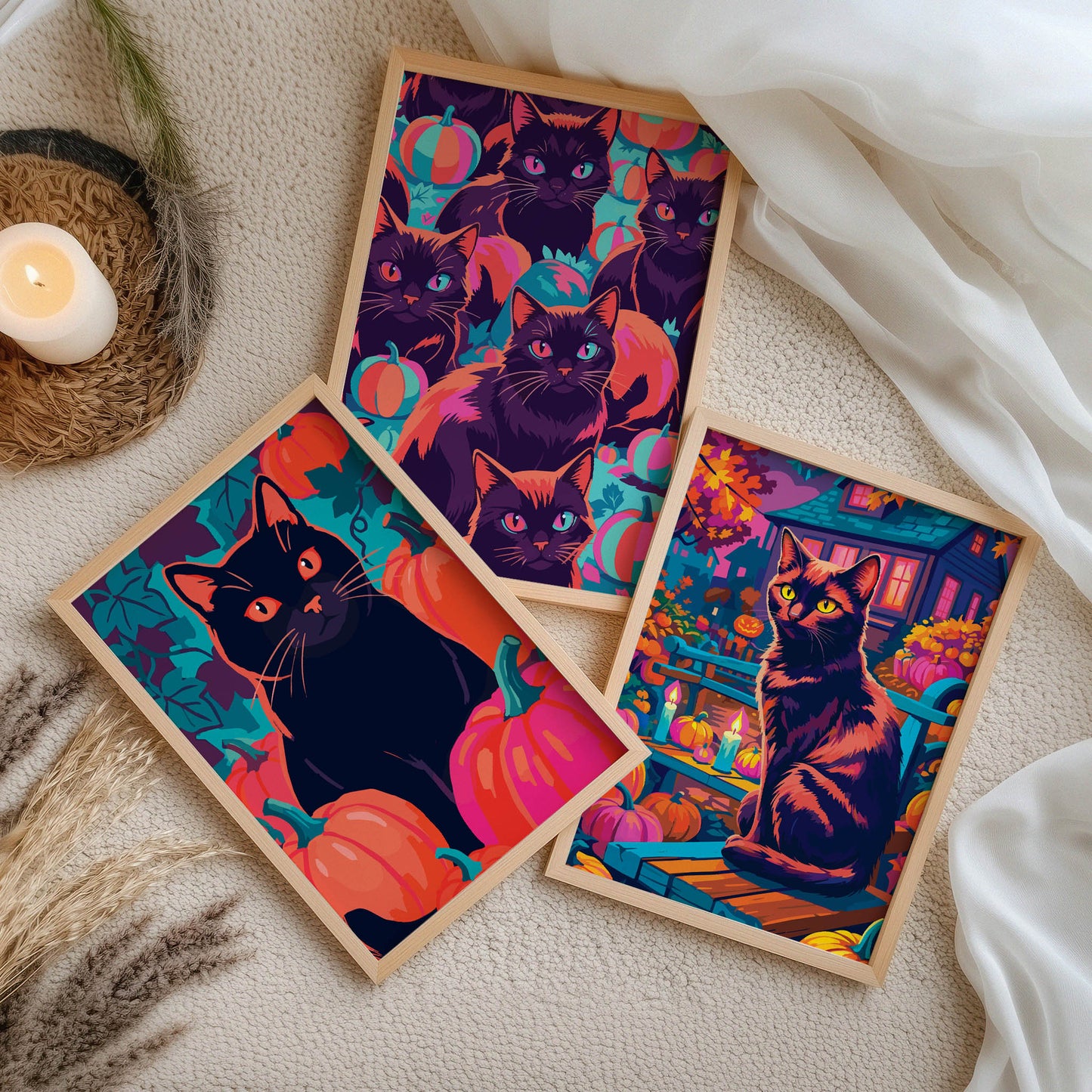 Three framed Halloween black cat wall art prints on a wood shelf against sage green panelling - a teal pumpkin portrait, a dense cat and pumpkin pattern, and a cinematic haunted house porch scene in bold orange, magenta, and teal