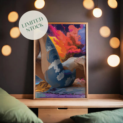 Bold and sensual printable wall art featuring a reclining nude female figure with floral body art, set against a dramatic, abstract explosion of fiery colours, perfect for modern, expressive, and statement-making interiors