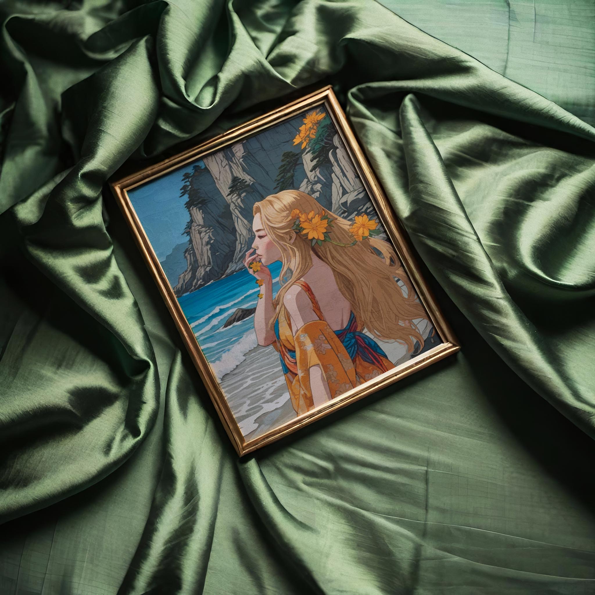 Elegant digital painting of a blonde woman in a floral robe standing by the ocean, surrounded by cliffs and yellow flowers, coastal boho wall art print