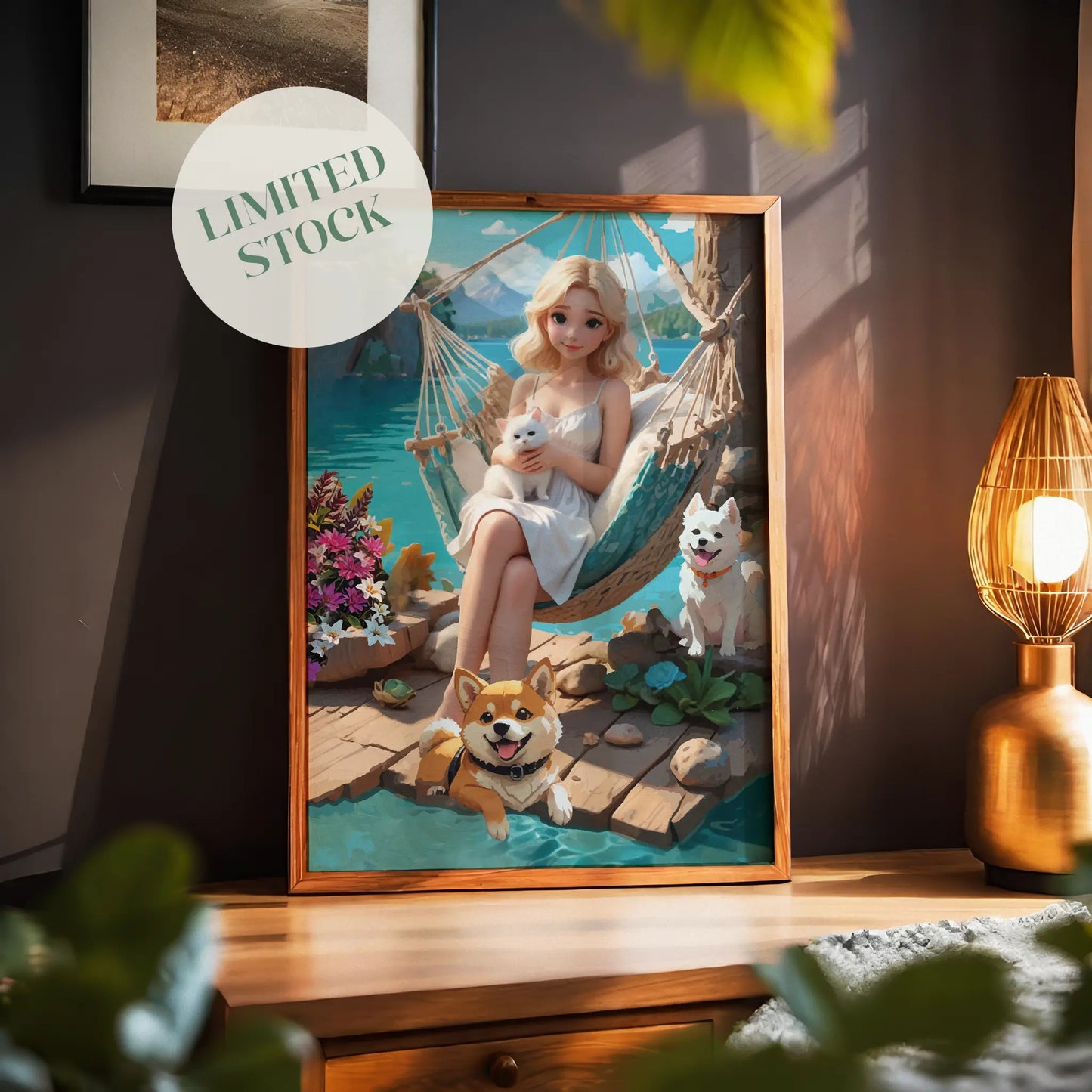 Whimsical printable wall art of a blonde woman in a white dress relaxing in a hammock by a turquoise lake, holding a white kitten, with two cheerful dogs nearby, vibrant flowers, and serene mountain scenery in the background.