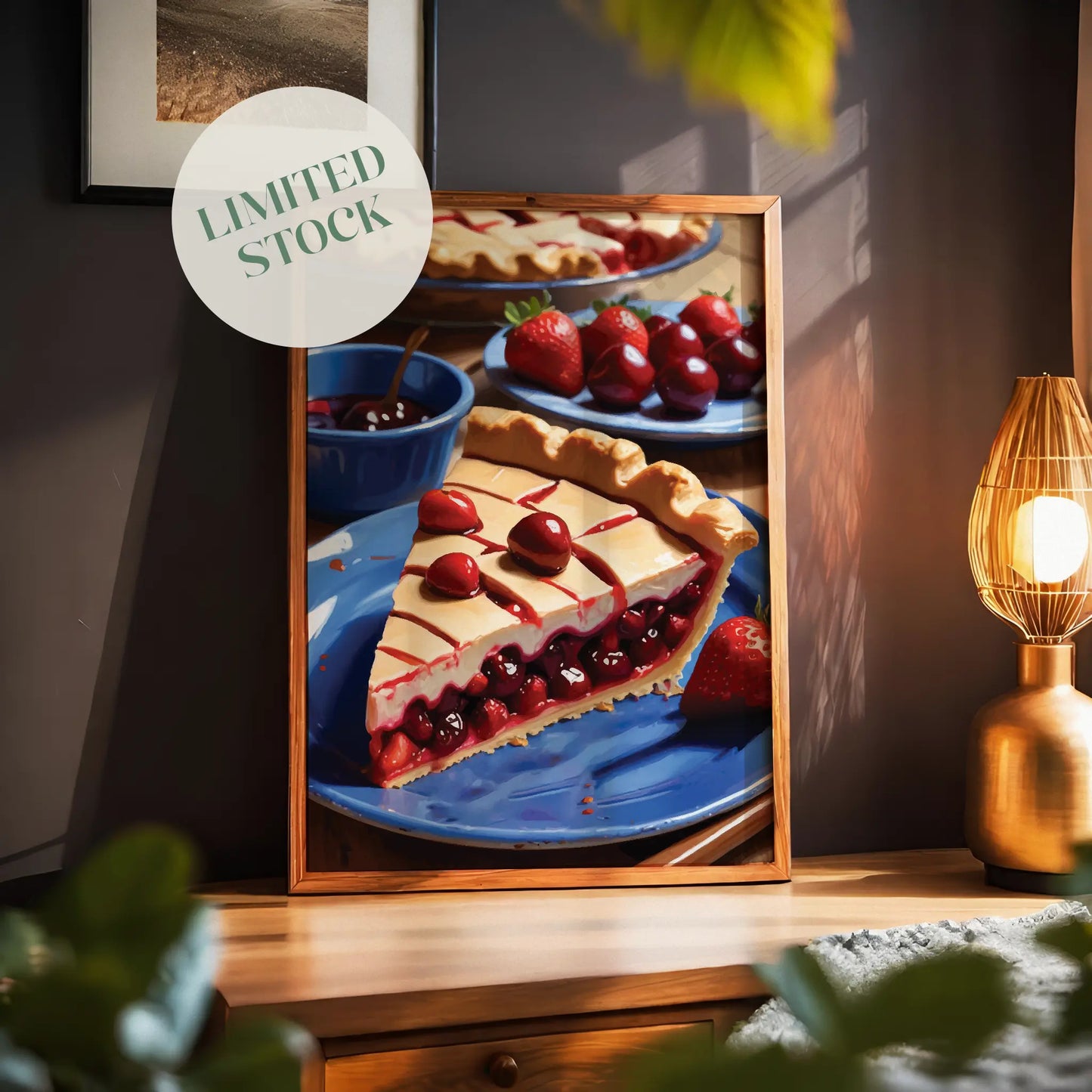 Printable wall art of a vibrant cherry and strawberry pie slice on a blue plate, styled with whole cherries and strawberries, perfect for kitchen or dining room decor