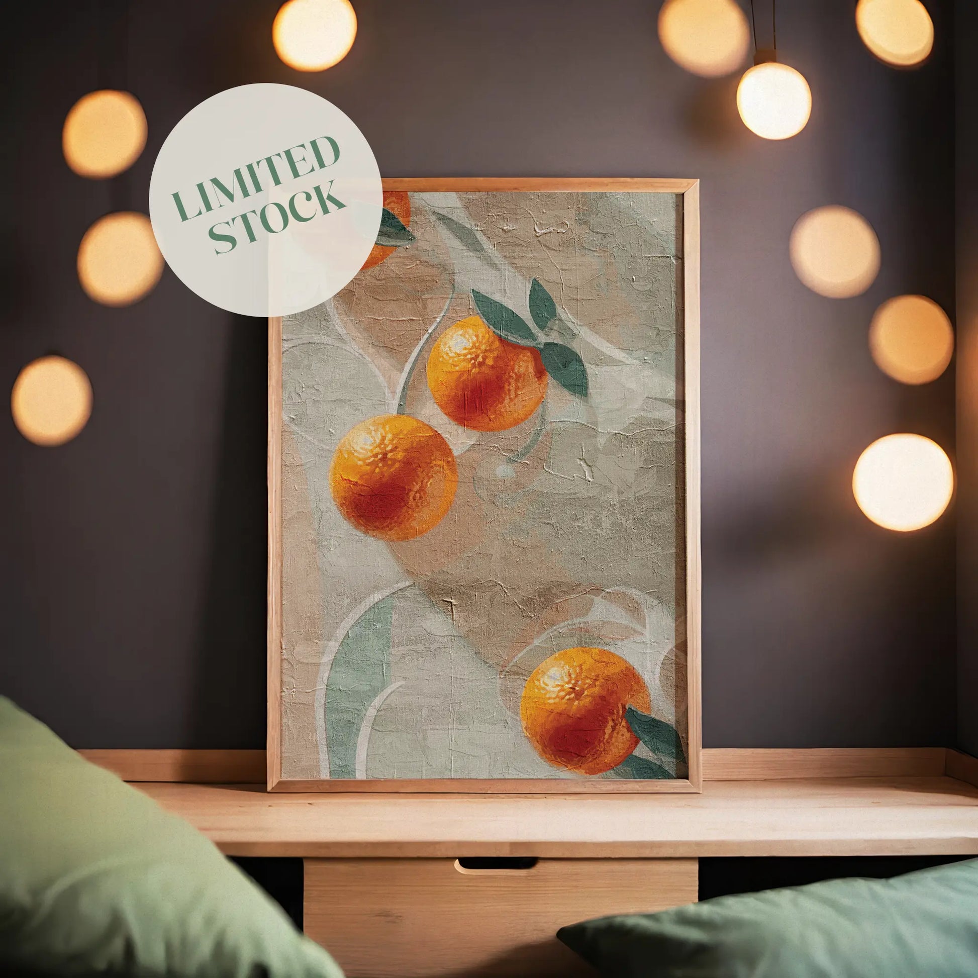 Printable wall art featuring a textured, abstract background with bright orange citrus fruits and green leaves, evoking a rustic, Mediterranean-inspired aesthetic, perfect for kitchen or dining room decor