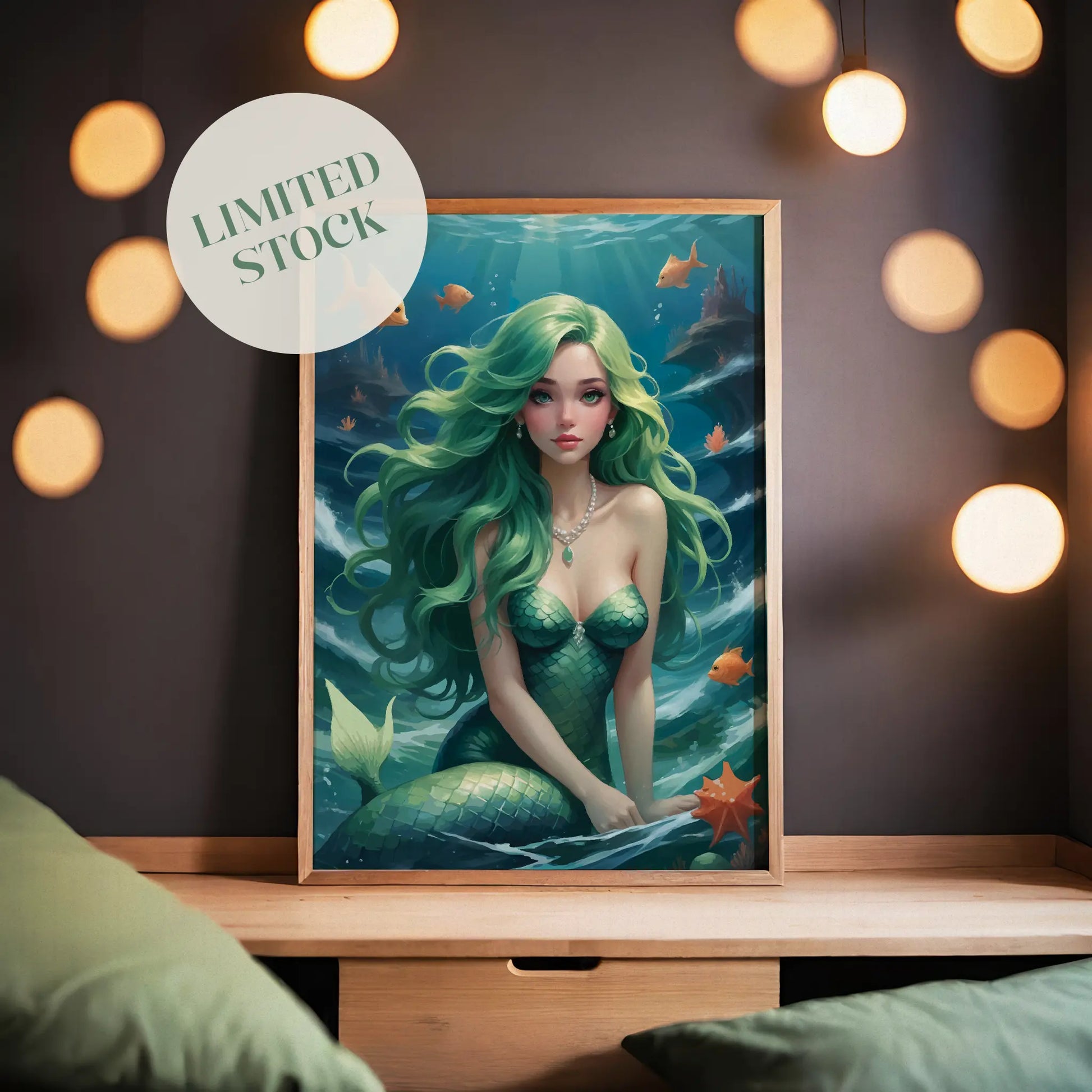 Fantasy digital wall art of a beautiful mermaid with long green hair and shimmering scales surrounded by orange fish under the sea