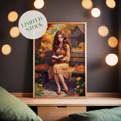Digital wall art of a woman in a floral dress reading a book on a park bench, surrounded by autumn leaves and flowers in warm orange and yellow tones