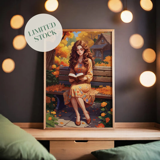 Digital wall art of a woman in a floral dress reading a book on a park bench, surrounded by autumn leaves and flowers in warm orange and yellow tones