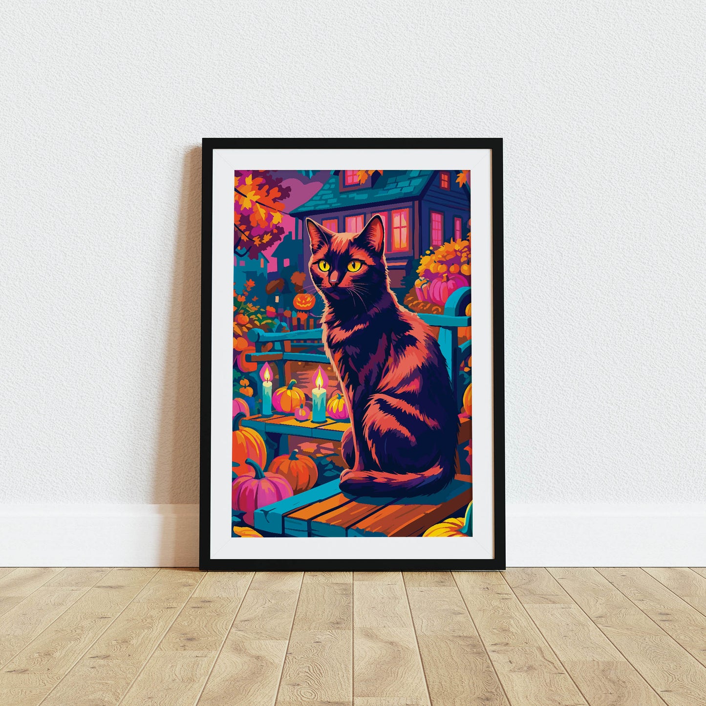 Dopamine-style Halloween scene print - a painterly black cat with intense golden eyes perches on a teal garden bench in a richly decorated Halloween yard with pumpkins, candles, autumn foliage, and a purple haunted house glowing pink at the windows