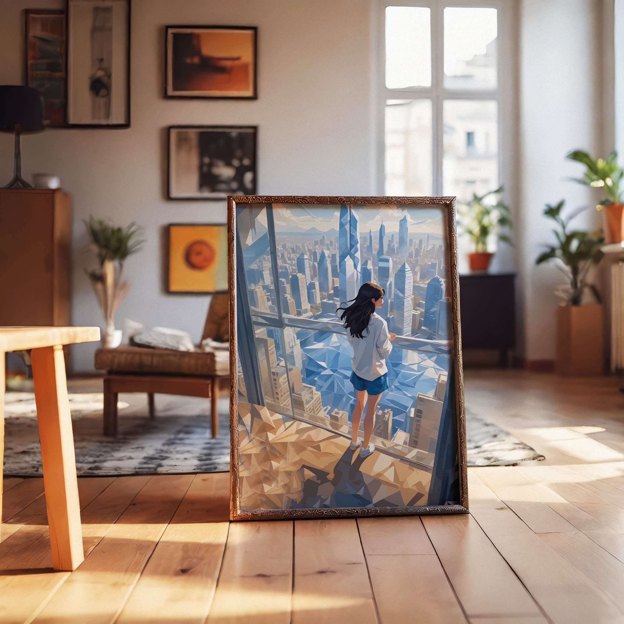 Modern mockup featuring a stylised woman at a glass window with a futuristic skyline and airy blue tones