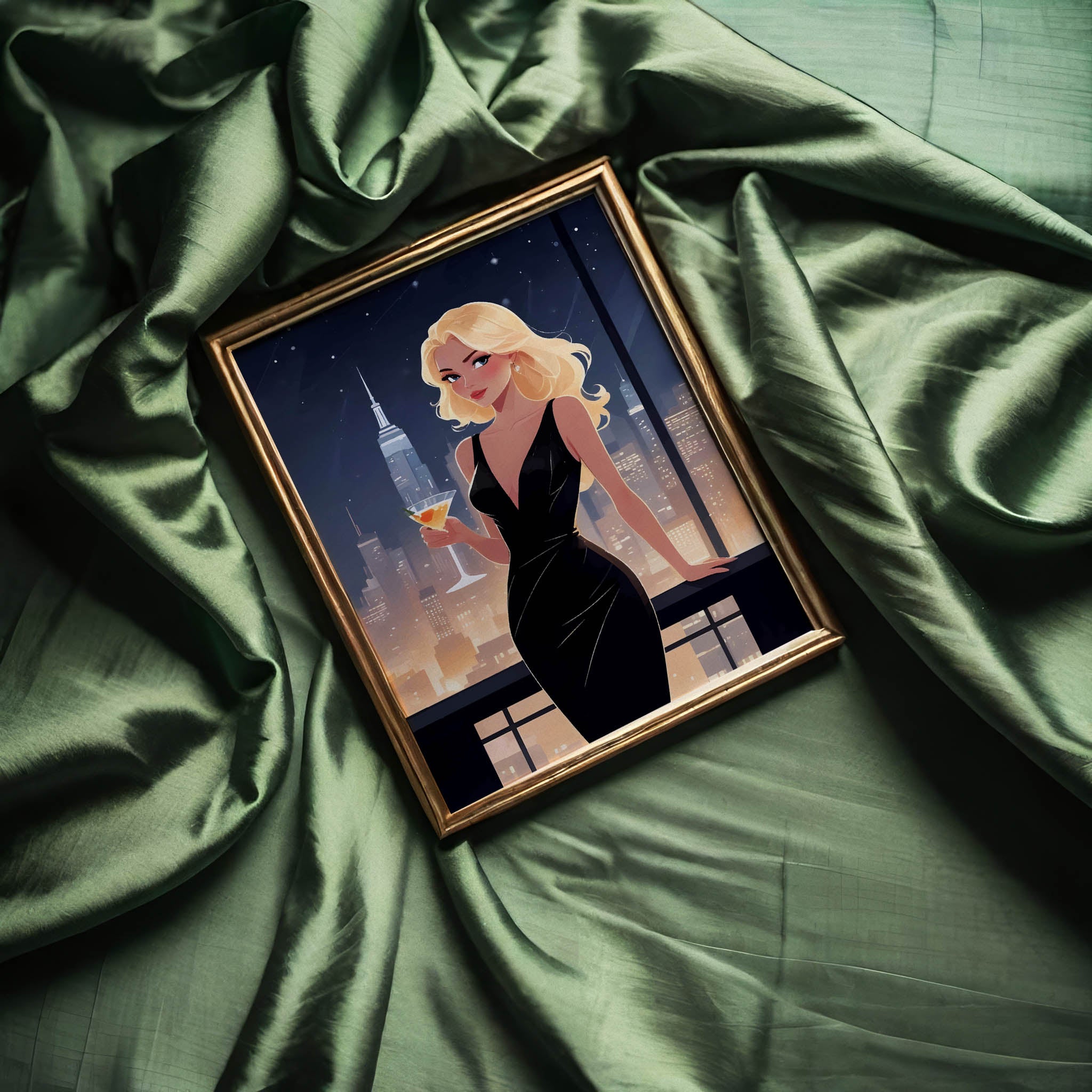 Stylish digital illustration of a glamorous blonde woman in a sleek black dress holding a cocktail, with a glowing city skyline and skyscrapers at night, elegant printable wall art
