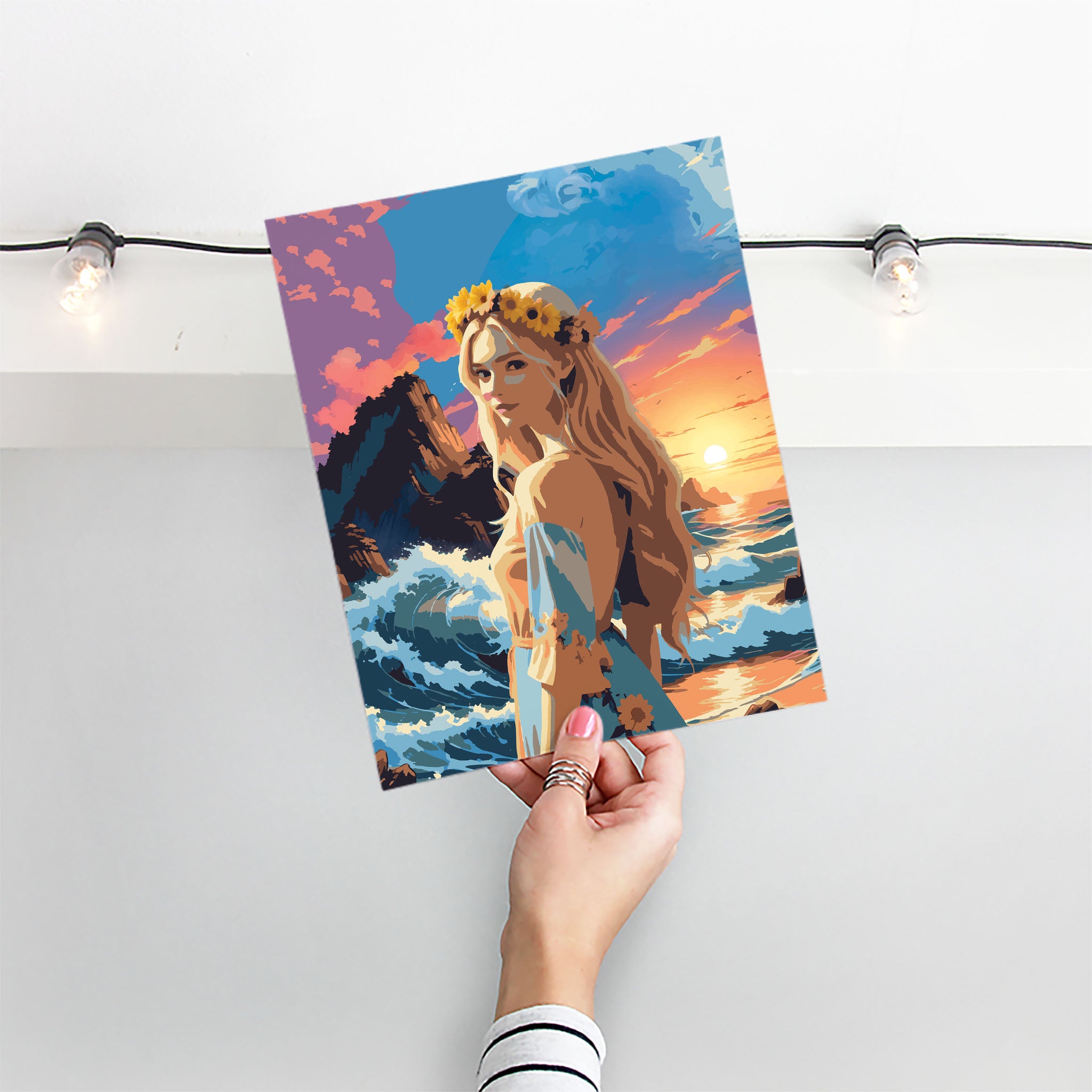 Vibrant printable wall art featuring a blonde woman with sunflowers in her hair standing by the ocean, set against dramatic waves, rocky cliffs, and a glowing sunset sky, perfect for adding a bold, romantic coastal vibe to any space