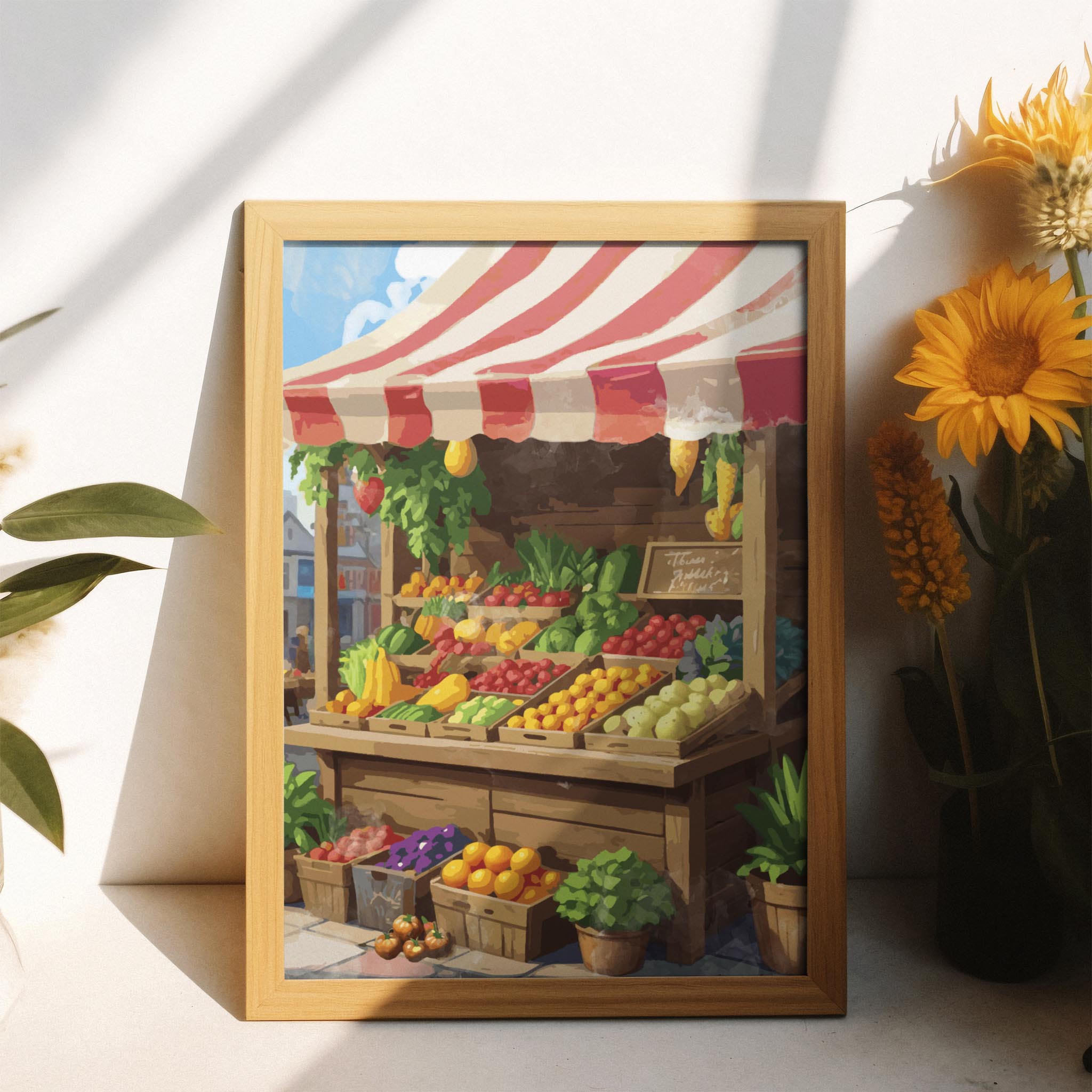 Printable wall art of a vibrant farmers market fruit and vegetable stand under a red and white striped canopy, filled with fresh produce like tomatoes, bananas, greens, oranges, and peppers, perfect for kitchen, market-style, or rustic home decor