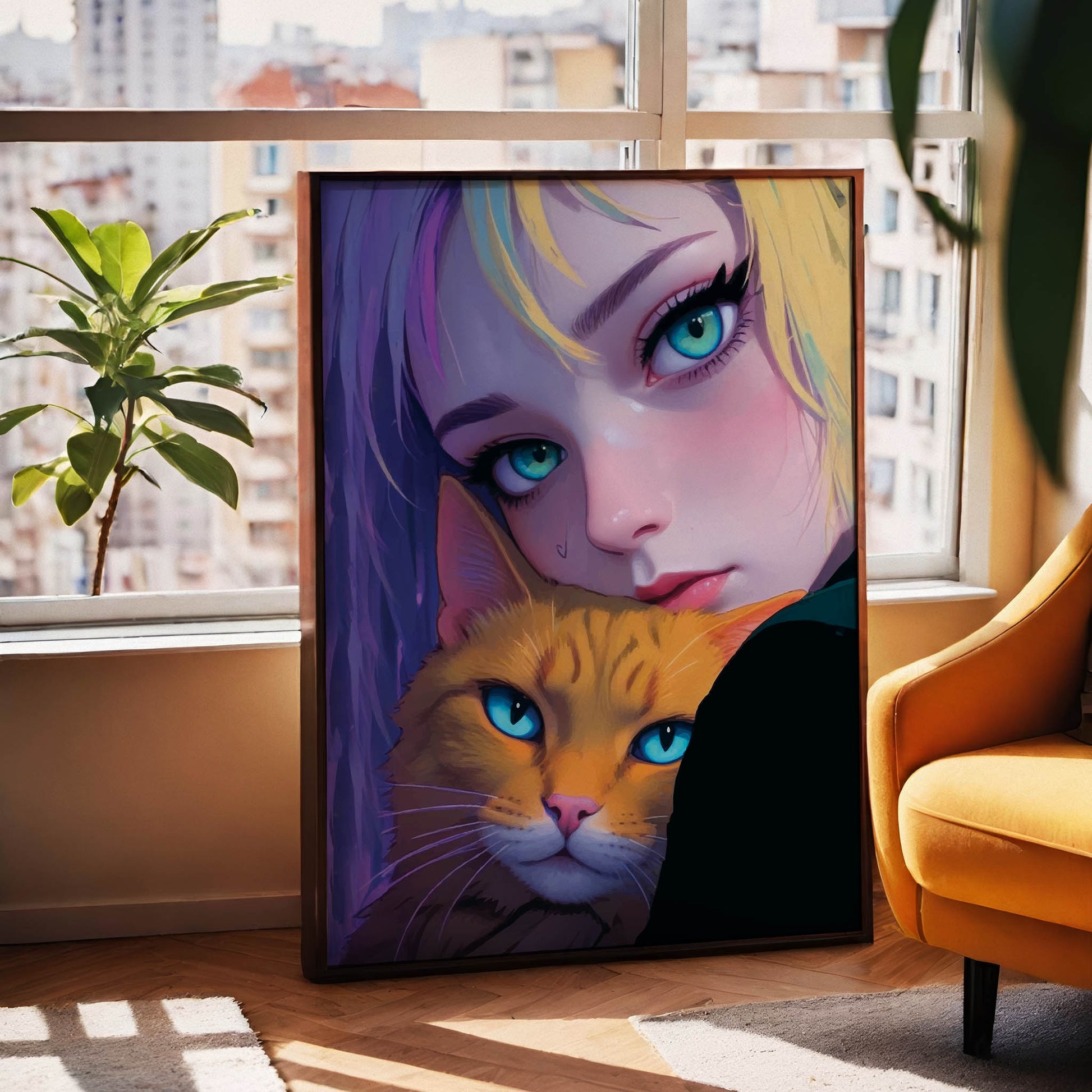 Expressive portrait of a young woman with bright teal eyes and blonde hair with purple streaks, gently holding an orange cat with matching blue eyes. The artwork features rich lighting and bold colours, creating an intimate and captivating emotional connection between the girl and her pet. 