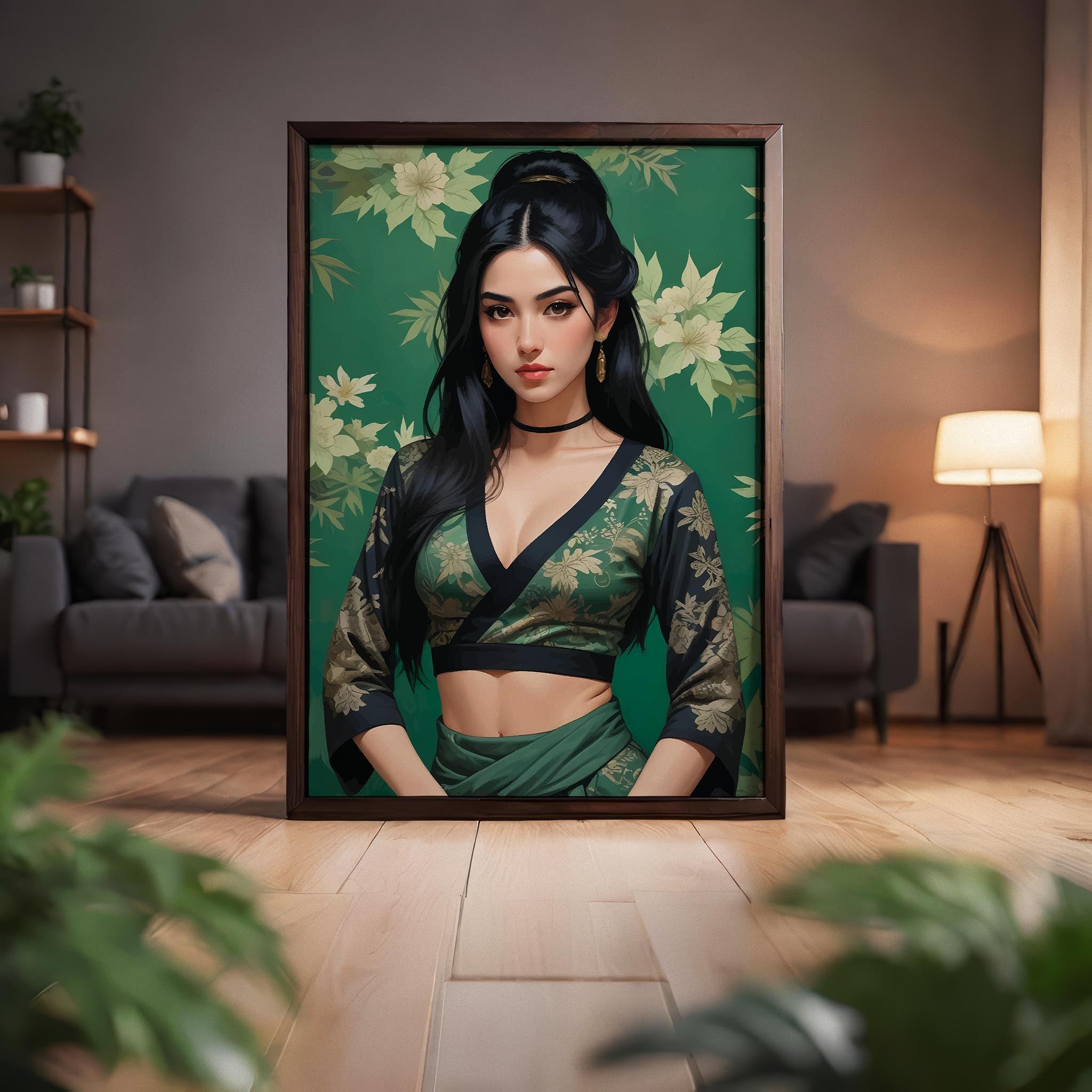 Elegant digital portrait of a woman with long black hair wearing a green floral traditional outfit against a matching botanical background, printable wall art for stylish interiors