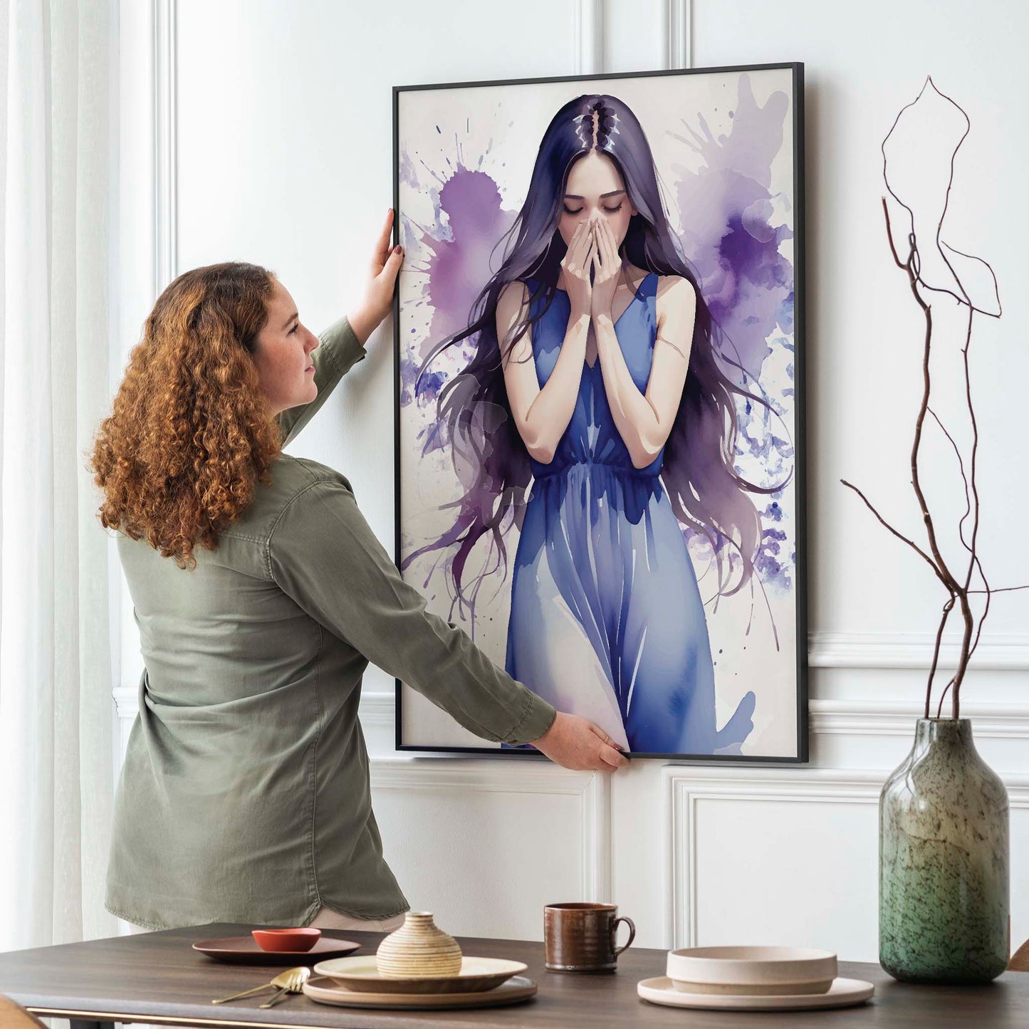 Emotional watercolor-style illustration of a woman in a flowing blue dress covering her face, with expressive purple and blue paint splashes, expressive printable wall art evoking deep feelings and introspection