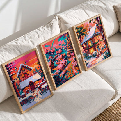 Styled shelf display of three maximalist Christmas landscape prints in white frames — a red bicycle winter cottage at sunset, an aerial fantasy village with rainbow sky and teal waterfall, and a fairy-lit stone cottage with teal shutters and red bow garlands