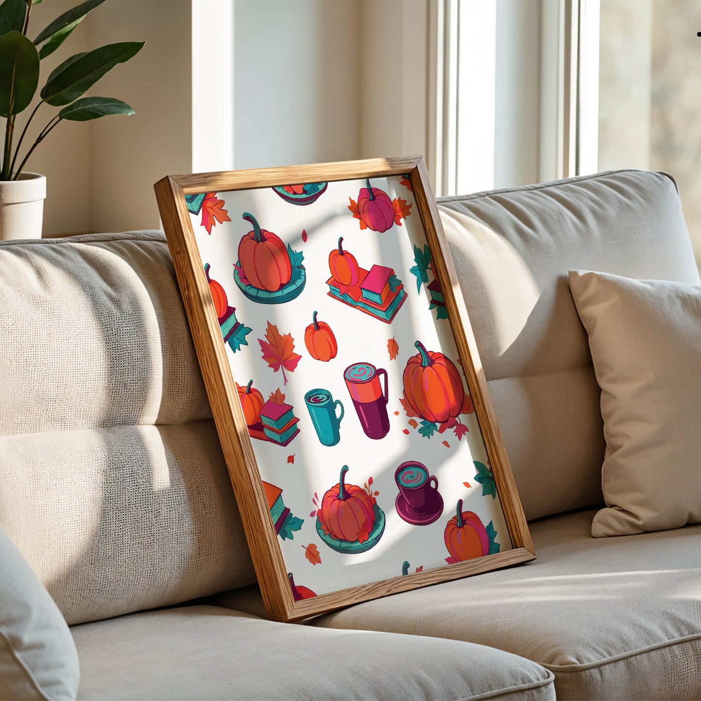 Dopamine-style cozy season print - an all-over scattered pattern of illustrated pumpkins on teal saucers, bold stacked books, and tall latte mugs with pink and teal swirl tops on a clean white ground
