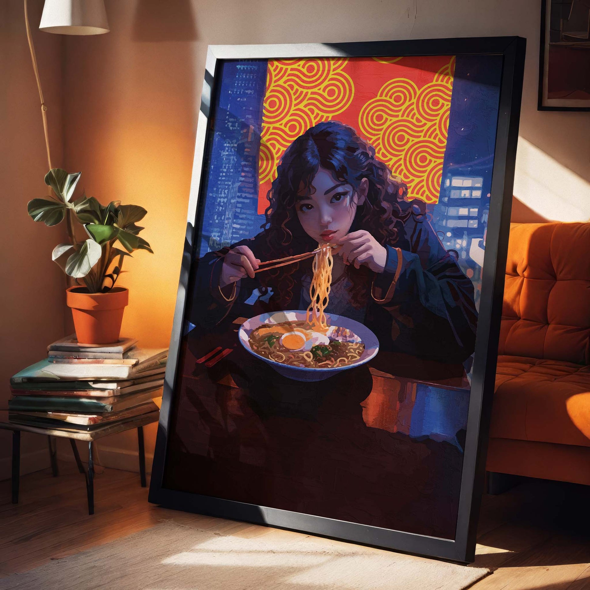 Digital wall art of a young woman eating ramen with chopsticks at a night city restaurant, featuring a glowing red and yellow patterned backdrop and neon-lit urban skyline