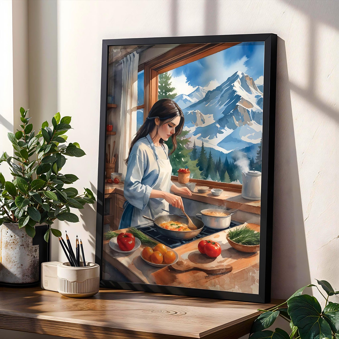 Charming digital painting of a woman cooking in a cozy kitchen with a stunning snowy mountain view - warm, rustic printable wall art ideal for kitchen or cabin decor