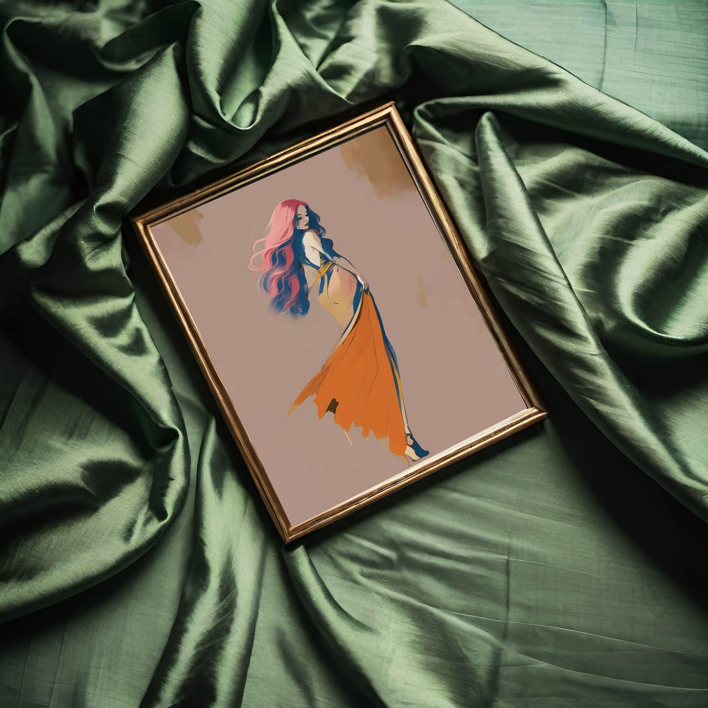 Printable wall art of an elegant woman with flowing pink and purple hair, wearing a backless orange gown with a dramatic train, set against a soft neutral background, perfect for modern and chic home decor.
