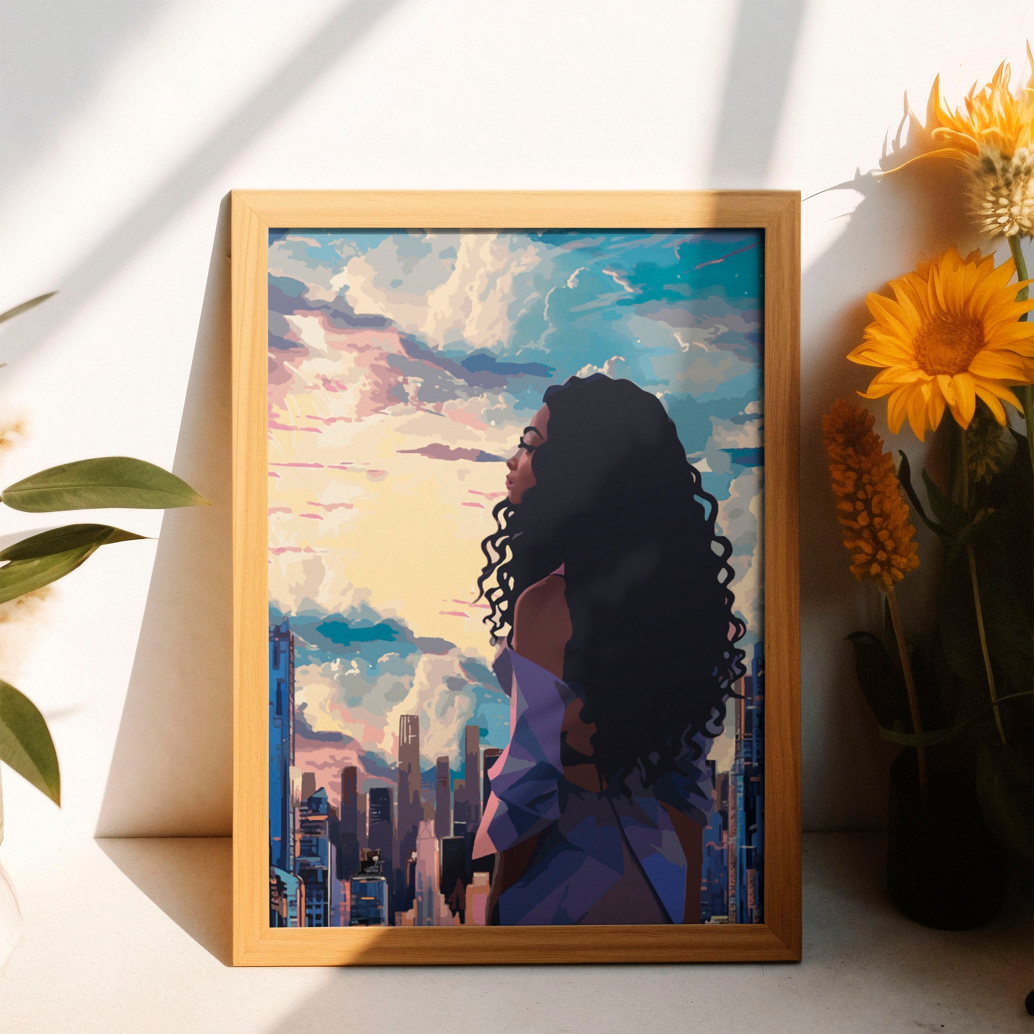 Modern cityscape printable wall art featuring a confident woman with long curly hair gazing at a vibrant sunset skyline - perfect for urban, empowering, and contemporary decor themes