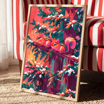 Dopamine-style woodland animal print — a painterly pair of striped chipmunks in vibrant orange and hot pink, facing each other on a snow-covered ledge framed by deep teal snow-laden pine boughs and a glowing coral sunset background